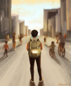painting of young Black student heading down road